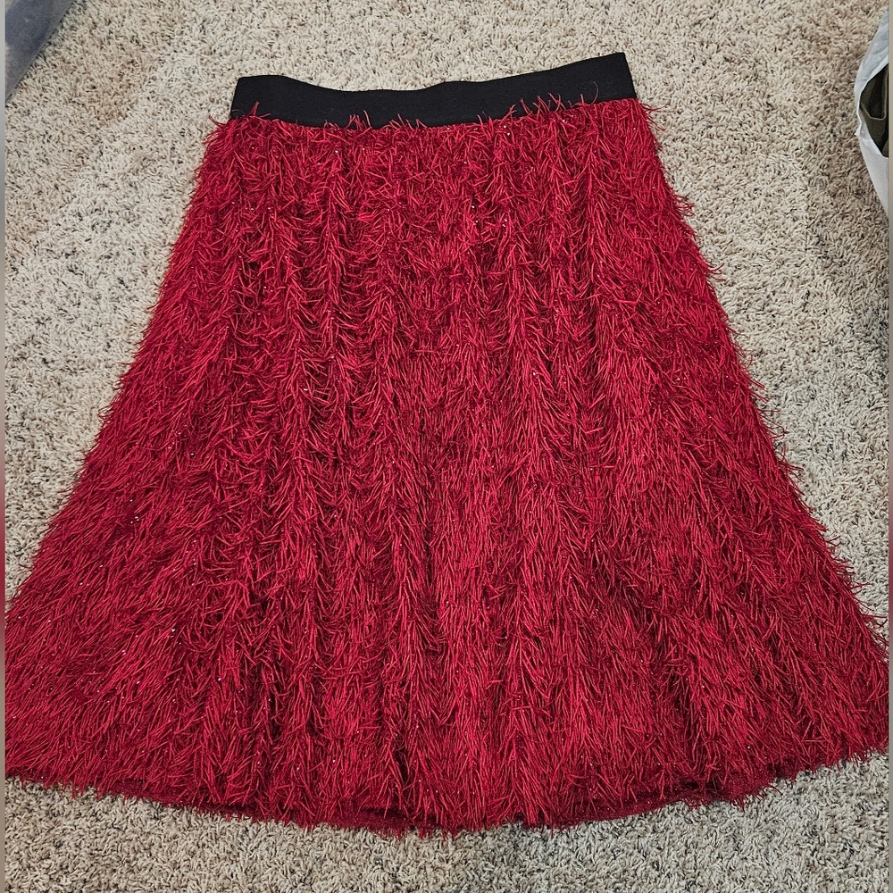 LuLaRoe Elegant Lola Deep Red Eyelash Sparkle Fringe Midi Skirt